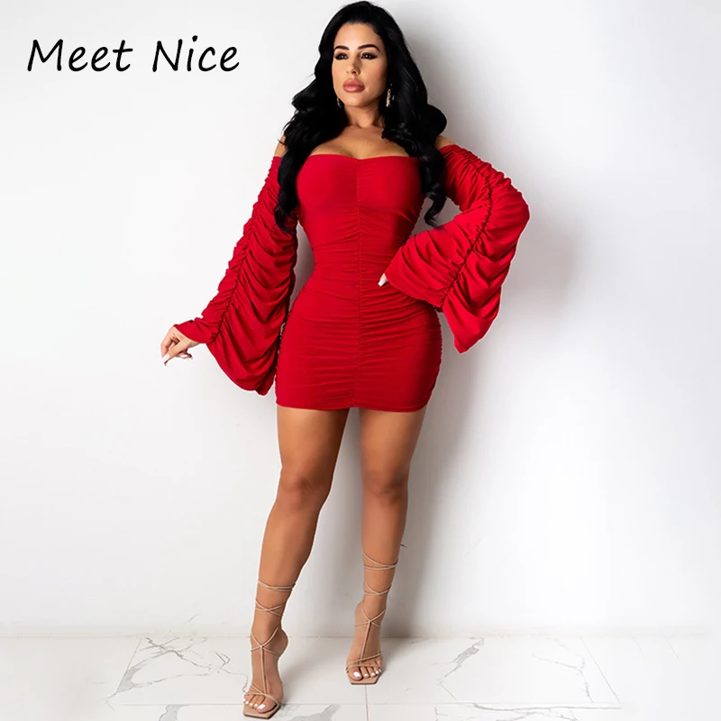 

Autumn Summer Casual Off Shoulder Slash Neck Women Dresses Sexy Bodycon Mini Dress Simply Pleated Ruched Women Clothings 2022