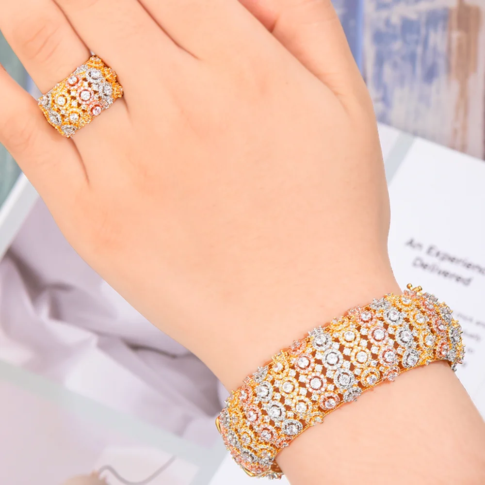 

Blachette Geometry Luxury Bracelet Resizable Ring Full AAA+ Cubic Zirconia Wedding Engagement Jewelry Sets for Women Girl Gift