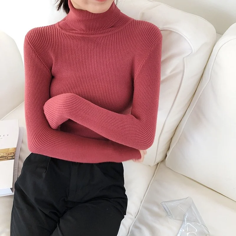 

Korean Women Sweaters Pullovers Long Sleeve Solid Striped Shirt Ladies Turtleneck Knitted Sweater Casual Winter Clothes 7454