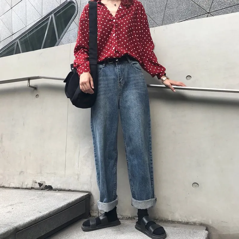 

Spring and Summer Korean Style Retro Loose High Waist Straight Jeans for Students Female Online Influencer Xuan Ya Daddy Pants
