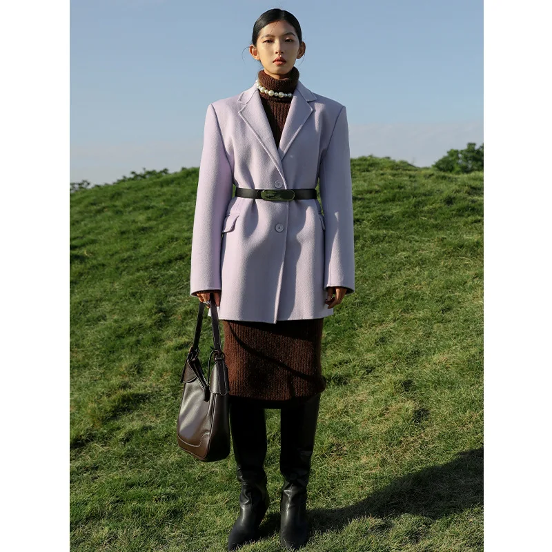 

Womens Loose Fit Woollen Coat Long-Sleeve Lapel Office Lady Solid Color Double-Sided Woollen Suits Coat