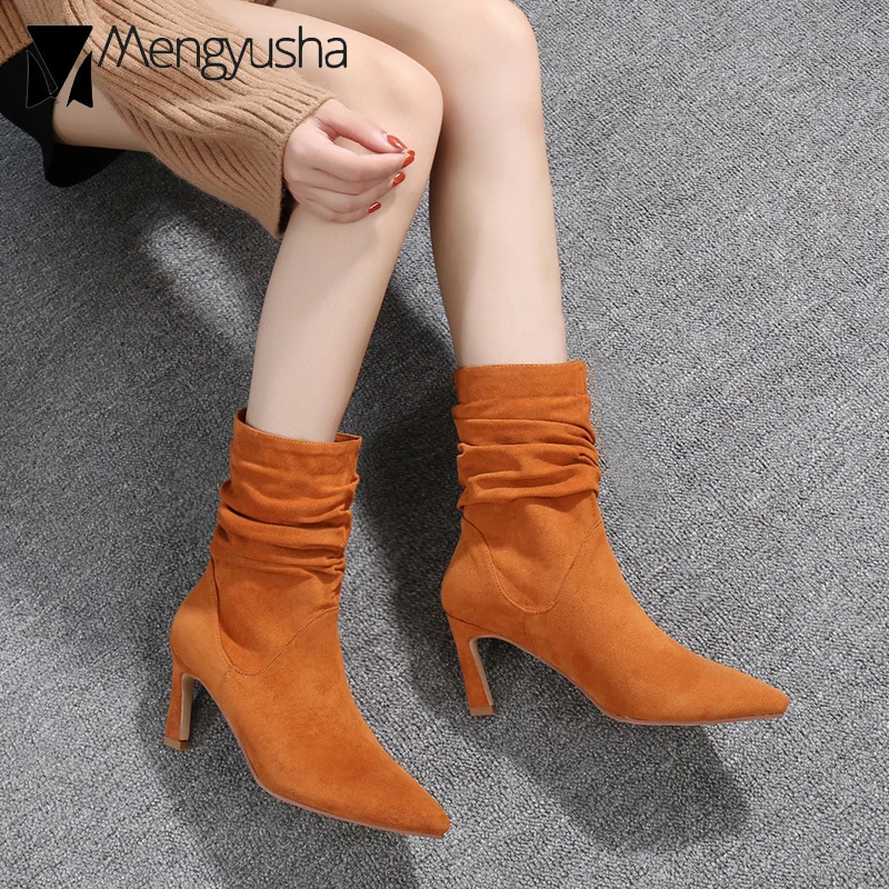 Плиссированные мотоциклетные ботинки из флока коричневые бархатные удобные