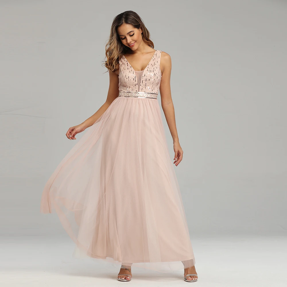 Сексуальные розовые золотые вечерние платья расшитые блестками а-силуэт