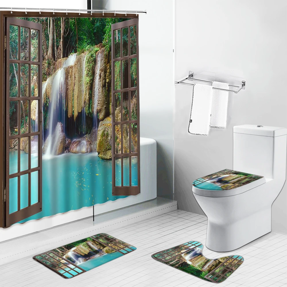 

Landscape Shower Curtain Set Sea Ocean Beach Forest Waterfall Scenery Flannel Toilet Cover Mat Non Slip Rug Bathroom Curtains