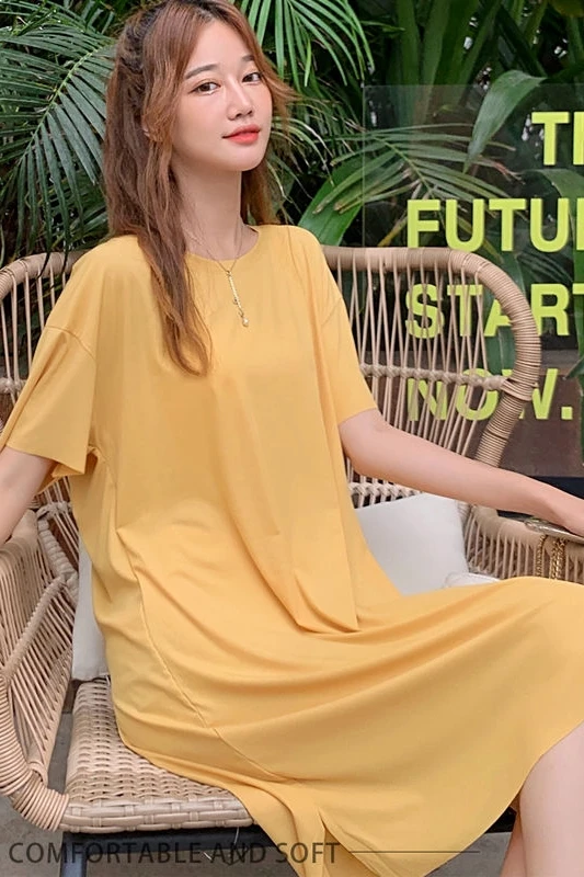 

2021 Net-a-Porter Red Chamordale Ice Silk Cotton Sleeping Skirt round-necked short-sleeved yellow loose-fitting midilength dress