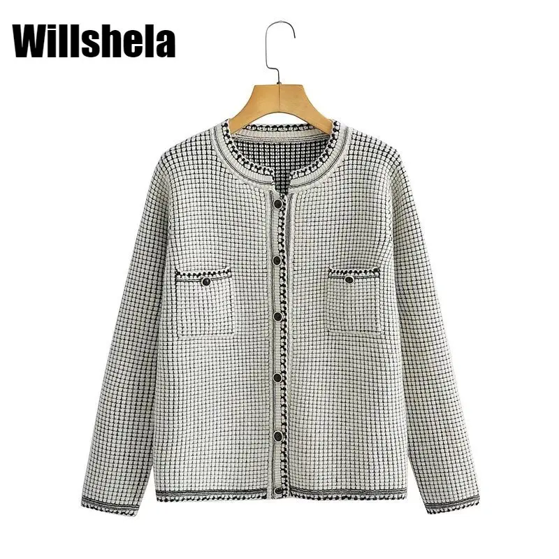 

Willshela женский винтажный кардиган из смешанного материала, круглый вырез, длинный рукав, однобортная, шикарная Женская куртка в стиле INS