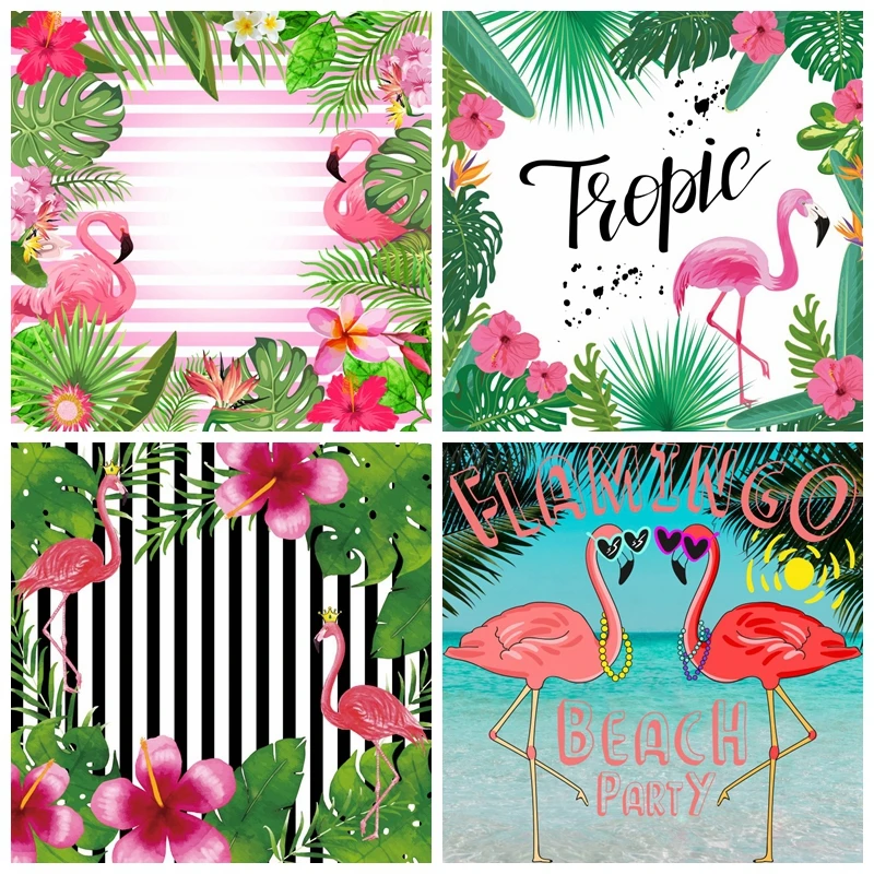 Laeacco Розовый фламинго День рождения тропические джунгли пальмы листья деревьев
