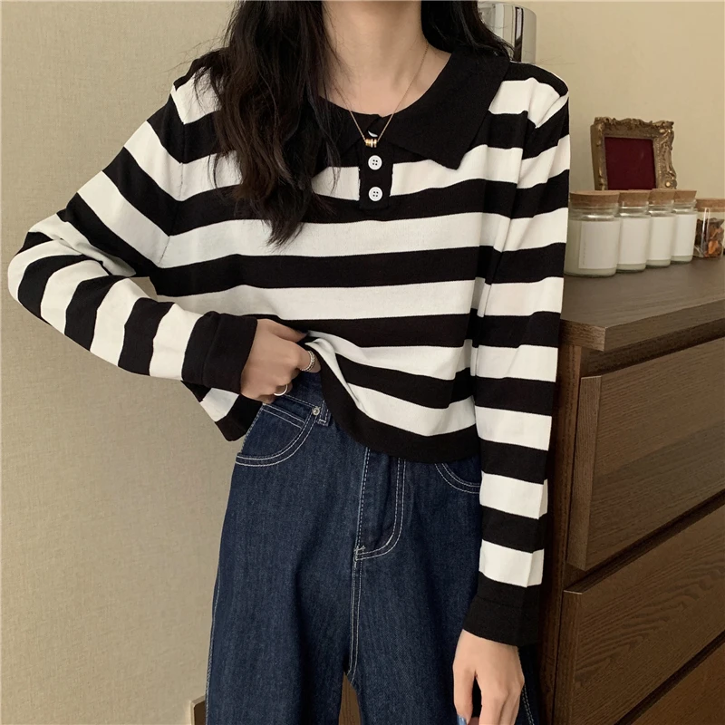 

Korean Knitted Sweater Women Turn Down Collar Casual Knitwear Striped Loose Autumn Jumpers Long Sleeve Elastic Soft Warm X427