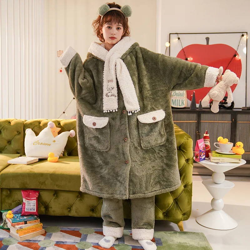 Plush Pajamas Cute Cartoon Hooded Woman Plus Size Nightgown and Home Service Suit for Autumn Winter Sleepwear Robe Schlafanzug