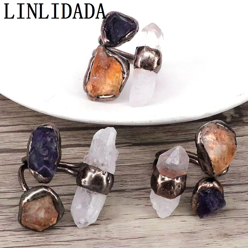 

5Pcs Fashionable Vintage Charming Three Stones Ring Natural Crystal Quartz Amethysts Citrines Antique Copper Ring For Women