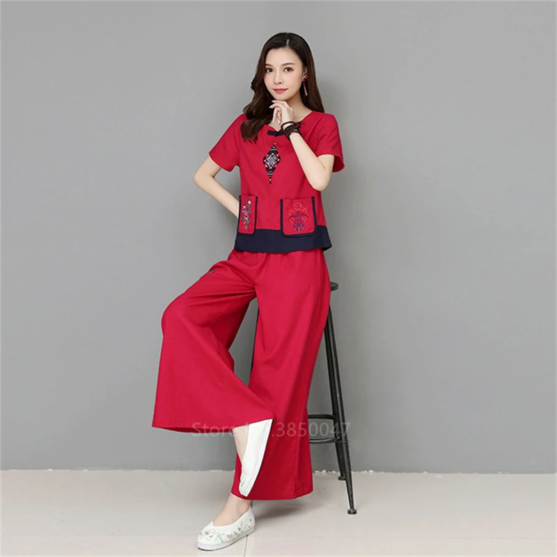 Red Китайское платье Cheongsam льняное женское традиционное китайское стильное платье Cheongsam женское платье с коротким рукавом Qipao платье с национальным принтом - Цвет: Red