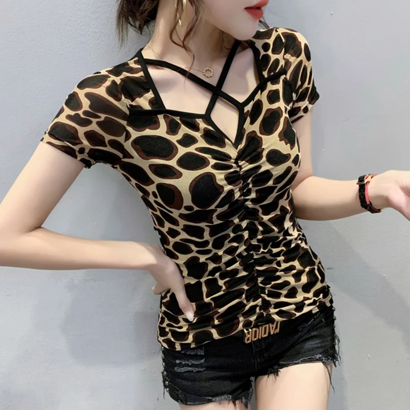 

New Summer Korean Style Mesh T-Shirt Fashion Leopard Print Hollow Out Women Tops Short Sleeve Sexy Bottoming Shirt Tees