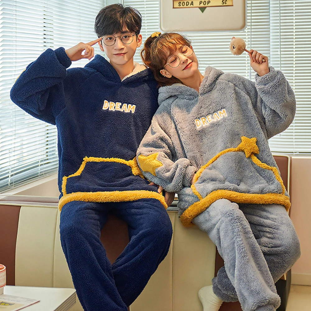 

Winter Men's Warm Pajama Sets Thick Flannel Pyjama Fashion Hooded Autumn Couple Male Pijama Cartoon Pajamas for Men Sleep Tops