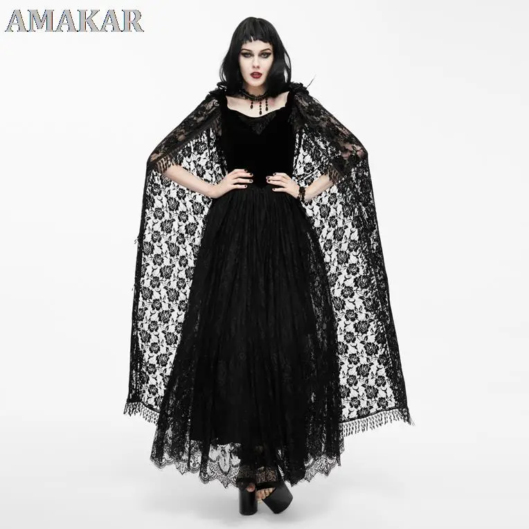 

Женское платье-накидка с открытой спиной, длинное платье в готическом стиле с кружевной накидкой и рукавами-фонариками