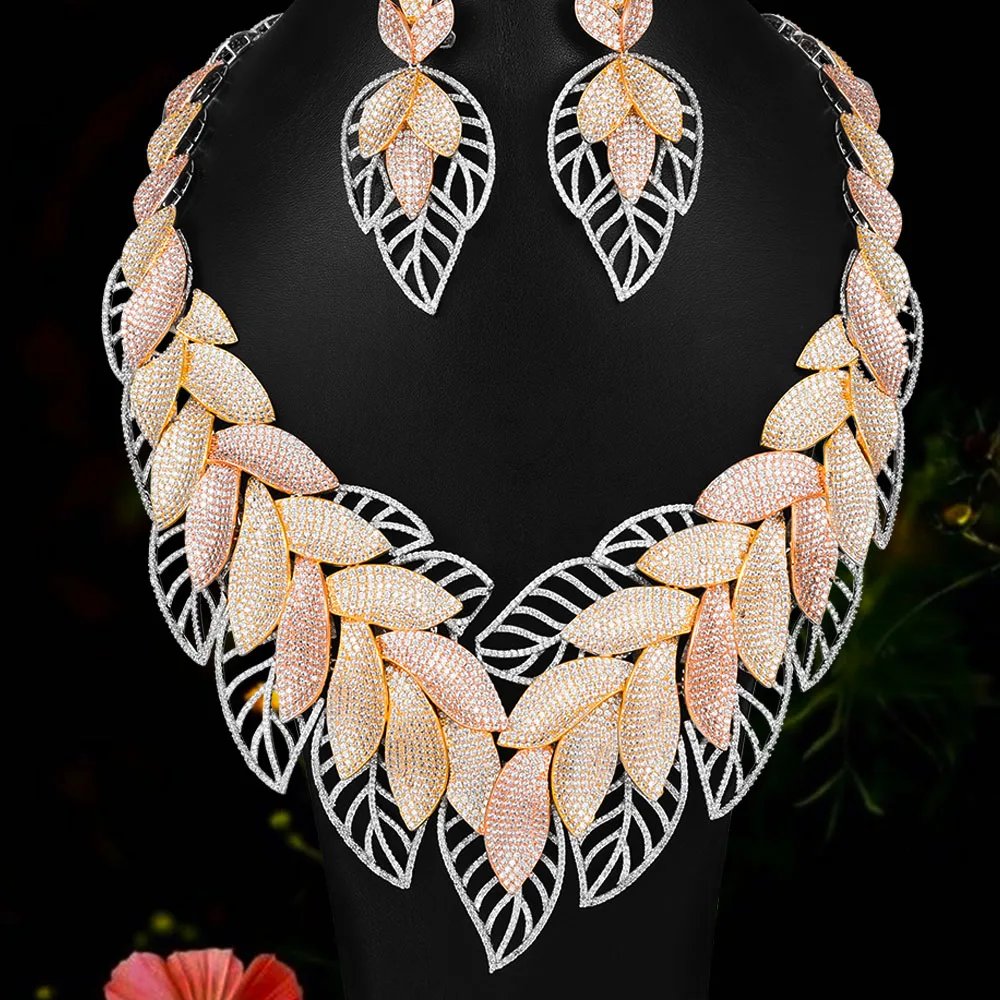 Нигерийский Свадебный Набор Элегантный листьев перо ожерелье браслет серьги