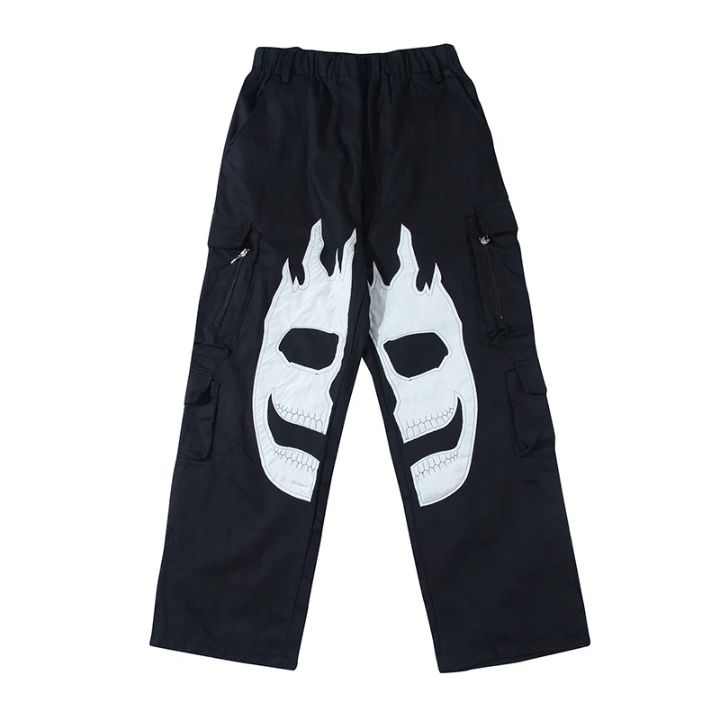 

Harajuku Men and Women Hip Hop Oversize Elastic Waist Overalls Loose Streetwear Trousers Skull Embroidery Pockets Cargo Pants
