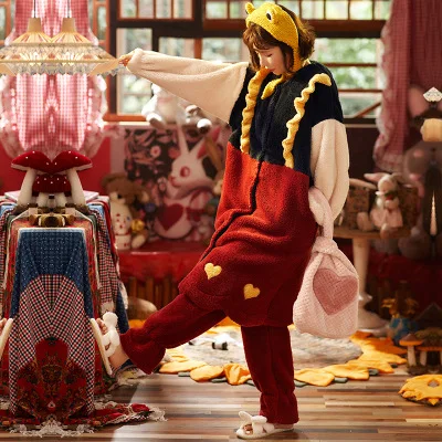 

Furry Pajamas Lady Winter With Hat Nightdress Robe Cute Strawberry Fluffy Homewear Set 2 Piece Pajamas For Women pijamas pjs