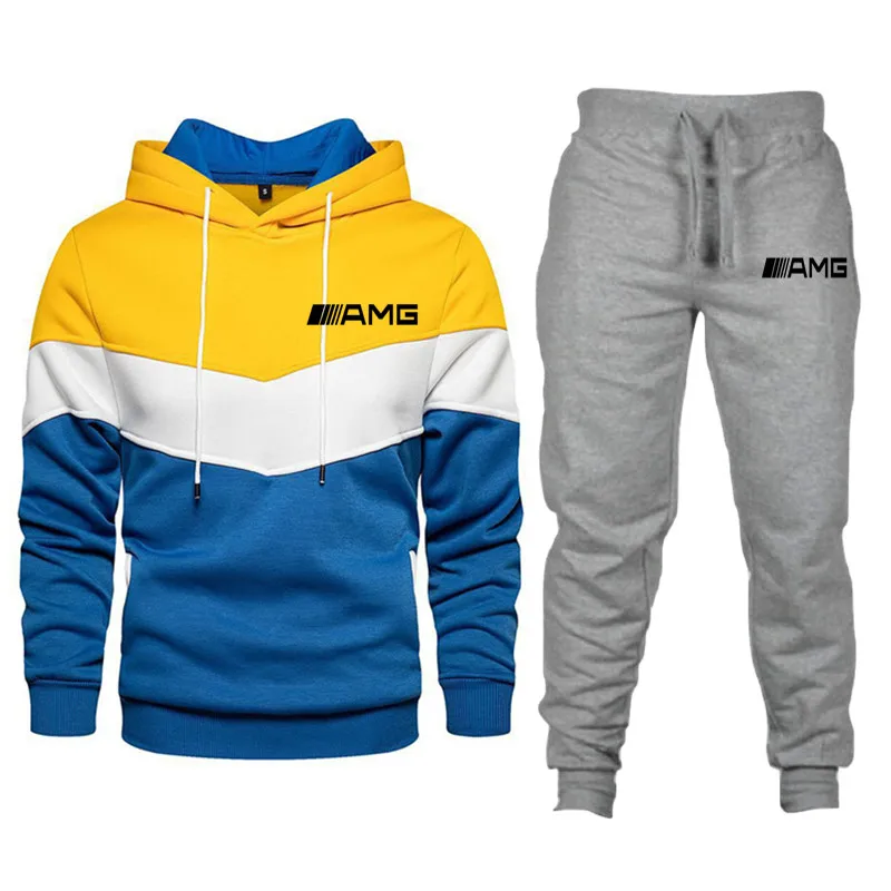 

2021 New Winter Men 2 Pieces Sets Amg Tracksuit Print Men's Long sleeve Hoodie + Pants Sportwear casual suit sports clothing