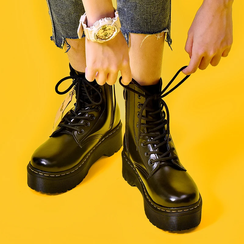 

Platform Martin Boots Women Shoes New Black Leather Ankle Boots Women Punk Shoes Thick Bottom Motorcycle Boots De Mujer