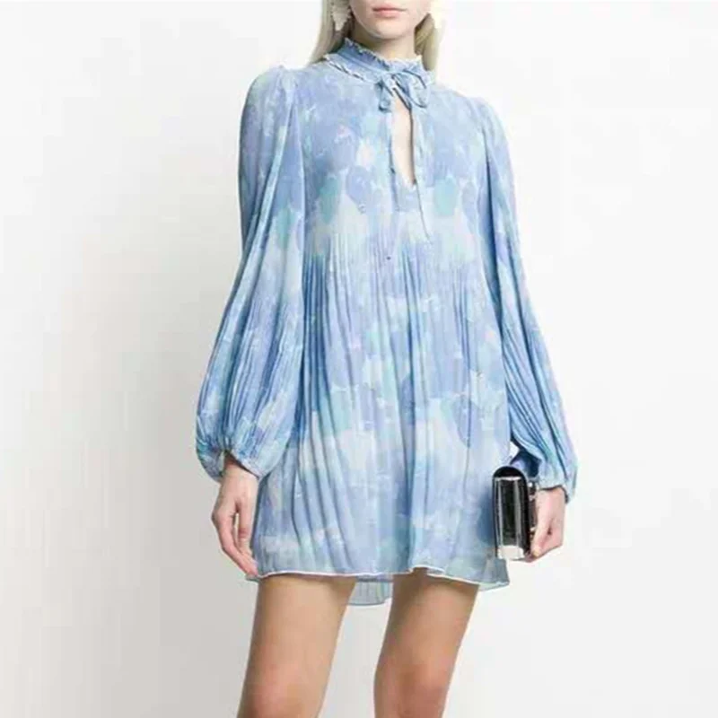 

Spring and Summer New Lantern Sleeves Rendering Printed Folds Dresses Women