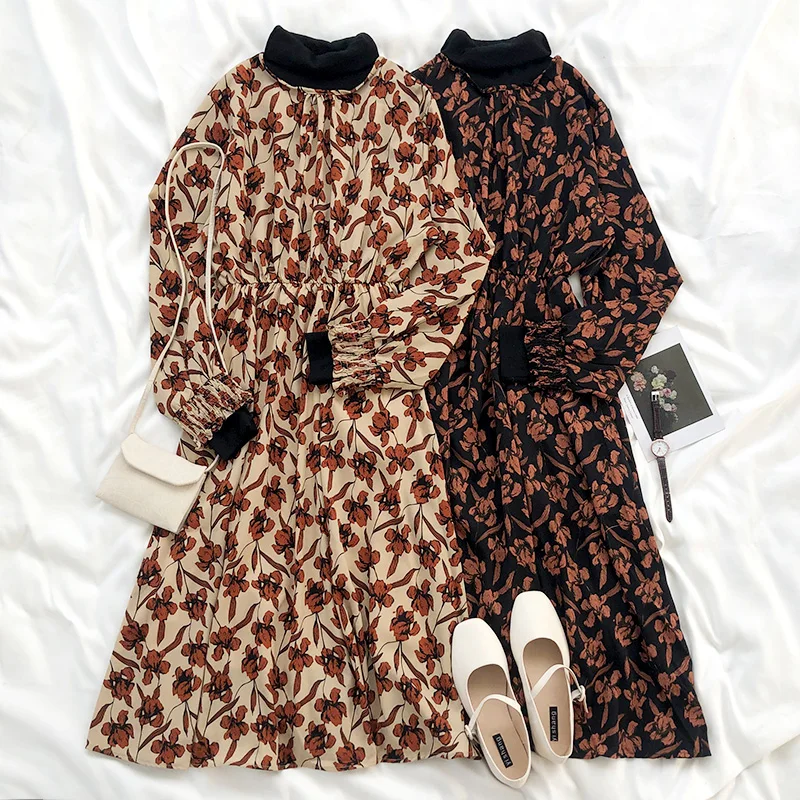 Женское зимнее весеннее винтажное длинное платье с высоким воротником из кусков