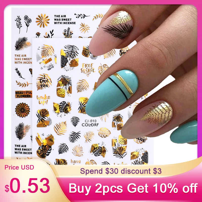 

Holographic Gold Black Nail Art Stickers Flowers Autumn Leaf 3D Decals Sliders Fall Nails Designs Foils Decorations TRCJ010-018