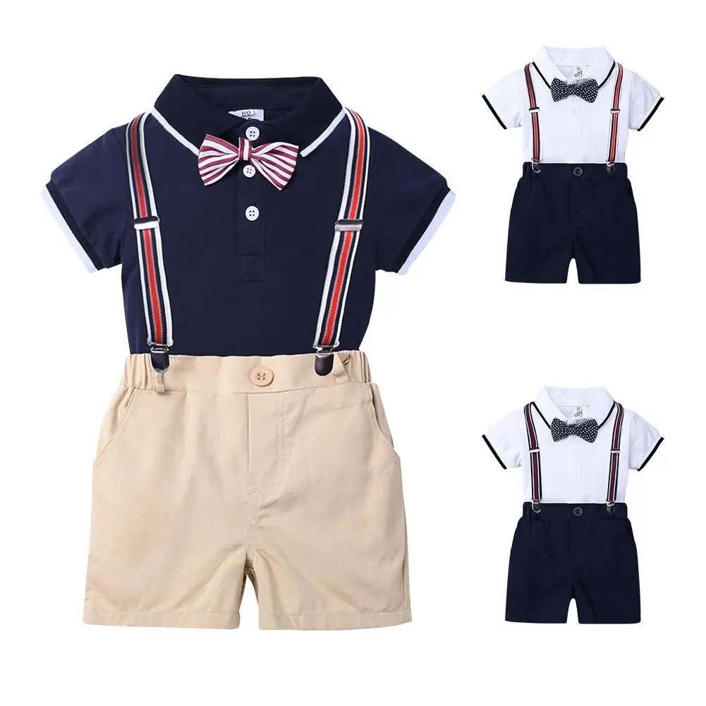 3-24M Baby Clothes Boy Gentleman Style Short-sleeved Blouse Overalls And Bow Tie Birthday Party formal Occasion Clothes