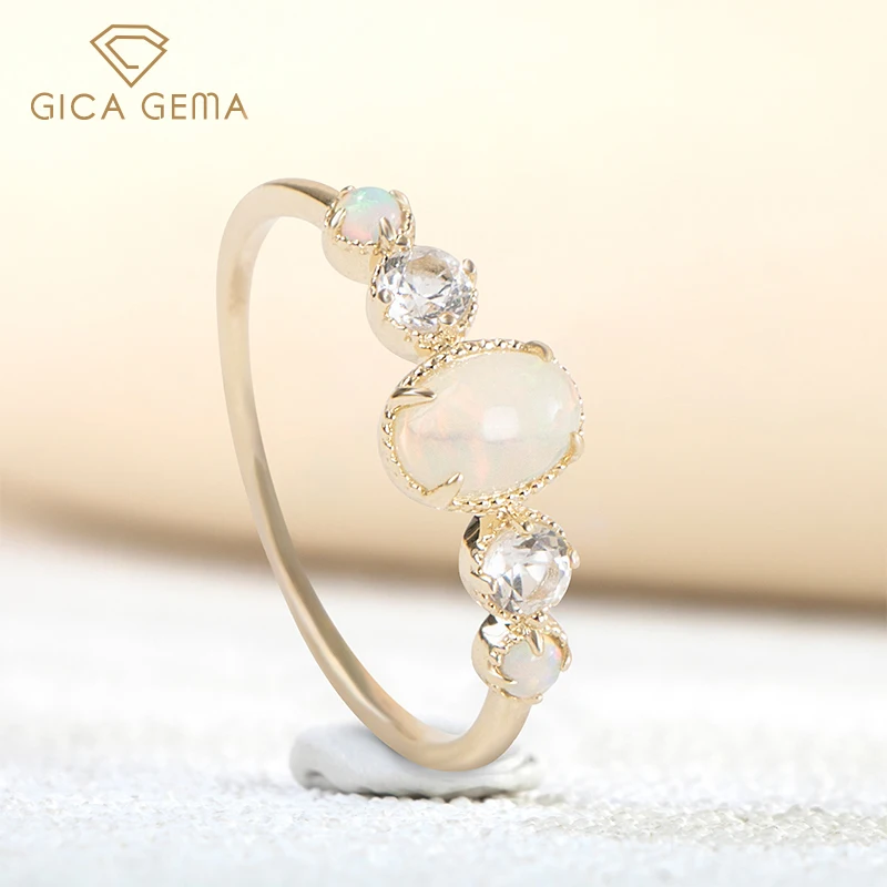 

Gica Gema Classic 9K Genuine Gold Rings Opal With Zircon Oval Shape Yellow Gold Fine Finger Jewelry Wedding Party Female Gifts