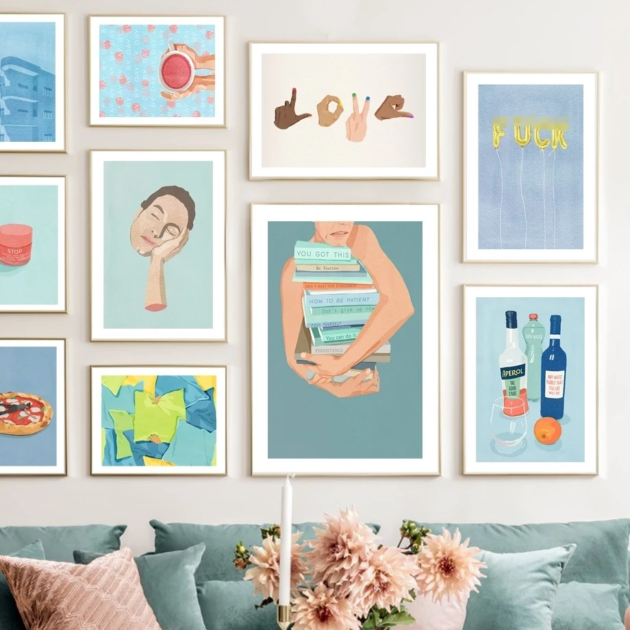 

Nordic Poster Coffee Read Girl Wine Rest Pizza Meditation Abstract Wall Art Print Canvas Painting Decor Pictures For Living Room