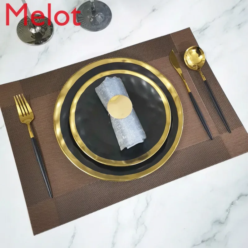 

Modern Tableware Set Venue Table Plate Ornaments Black Gold Western Food Plate Cutlery Set Gifts From Elders Minority Durable