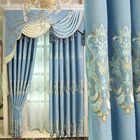 Занавески с вышивкой из хлопка и льна, для французских окон в скандинавском стиле, для гостиной, балкона, голубые, в средиземноморском стиле