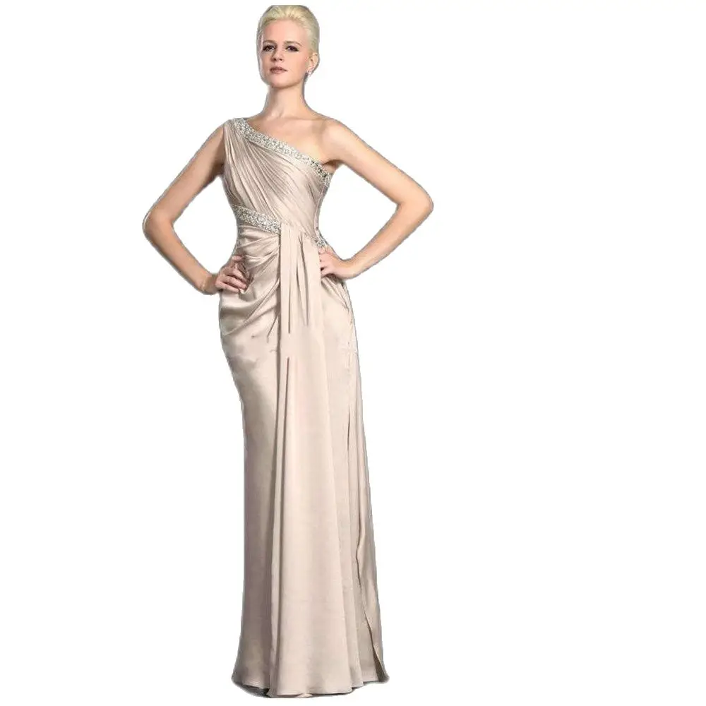 

Champagne A-Line Design Mother of the Bride Dresses One Shoulder Bodice Chiffon Sleeveless Evening Dress