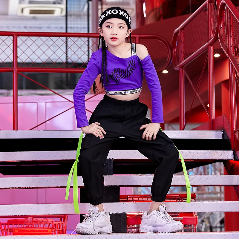 

2020 Custom Logo Dance Clothes Kids HipHop Jazz Dance Costume Girl Tops Loose Black Pants Street Dance Wear Performance Outfit