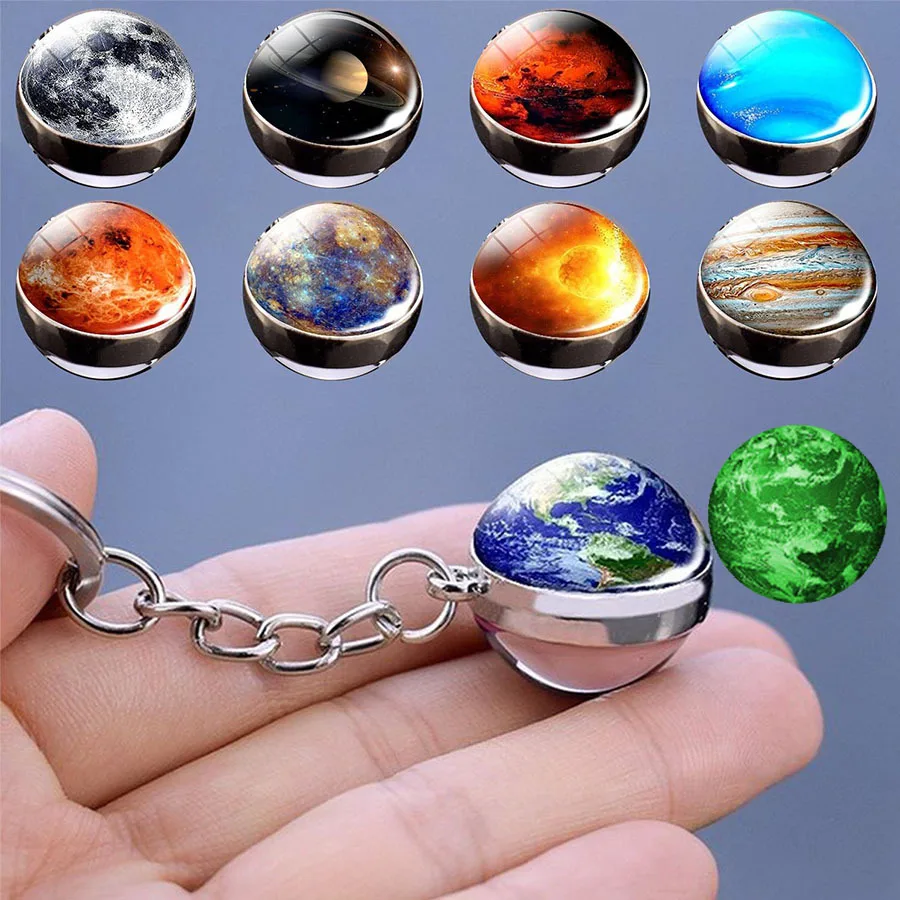 

2020 Moon Earth Sun Mars Planet Keychain Keyring Double Side Glass Ball Universe Nebula Key Chain Ring Solar System Jewelry