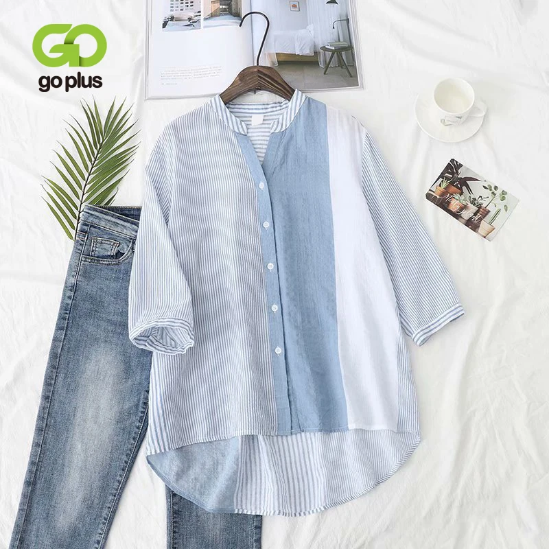 

GOPLUS Blouses Striped Tops Femme V-neck Causal Shirt Korean Fashion Oversize Womens Shirts Blusas Camisas Mujer Verano 2021