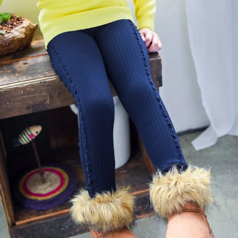 Navy Blue Новинка теплые штаны с оборками для девочек популярные корейские одноцветные обтягивающие детские леггинсы на резинке плюс панталоны из плотной микрофибры - Цвет: Navy Blue