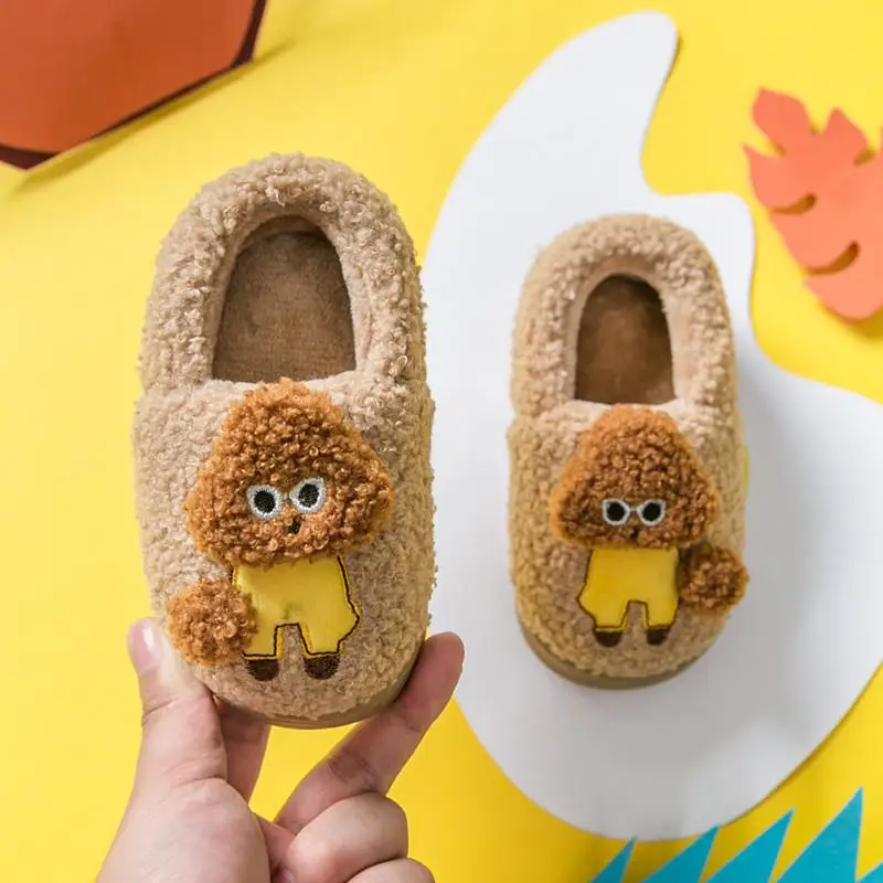 Winter Home Slippers Children Teddy Dog Cartoon Slippers Toddler Grils Flip Flops Baby Boy Skid Keep Warm Slippers For Kids - Цвет: Brown