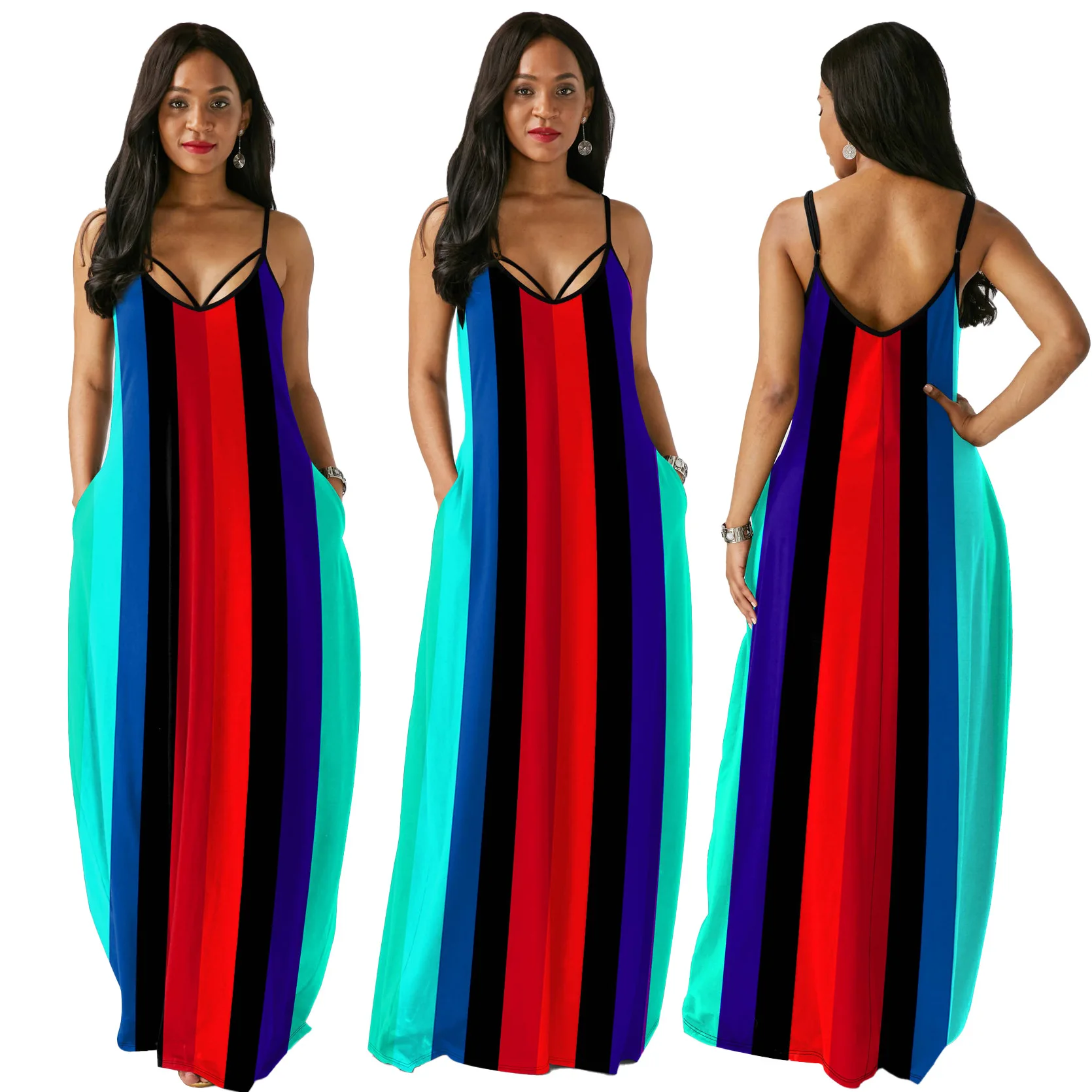 

Echoine Sleeveless V-neck Striped Print Color Patchwork Maxi Long Dress Women Sexy Casual Loose Beach Robe Boho Elegant Vestidos