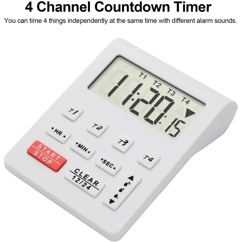 

4 Channel Digital Countdown Timer - Big Sn Count Up Down Kitchen Timer Clock for Cooking Baking (White)
