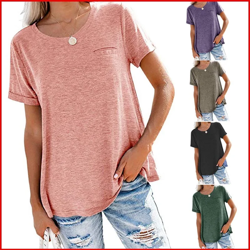 

2021 Summer Fashion Harajuku Solid Elegant T Shirt Short Sleeve O-Neck Pocket Tees Loose Casual Tops Female Clothing Pullovers