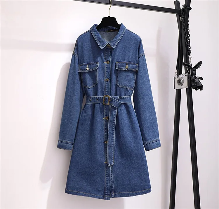 

Plus size 6XL Long sleeve denim trench coat women long jeans outerwear female belt Single-breasted coat 140kg can be worn