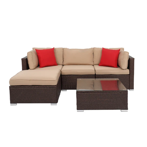 

Oshion 5-Piece Set Rattan Sofa Wood Grain Rattan 2 Corners 1 Armless Sofa 1 Foot Drag 1 Square Coffee Table Brown