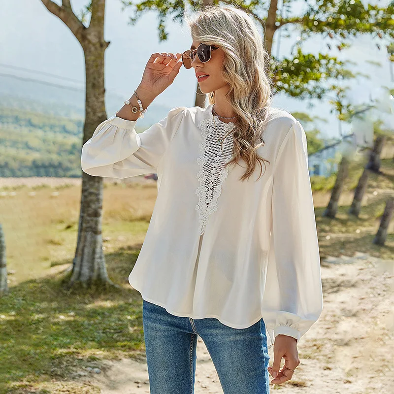 

Spring Lace Patchwork Blouses Women Casual Lantern Sleeve White Floral Blouse Shirt Top For Women 2021 New