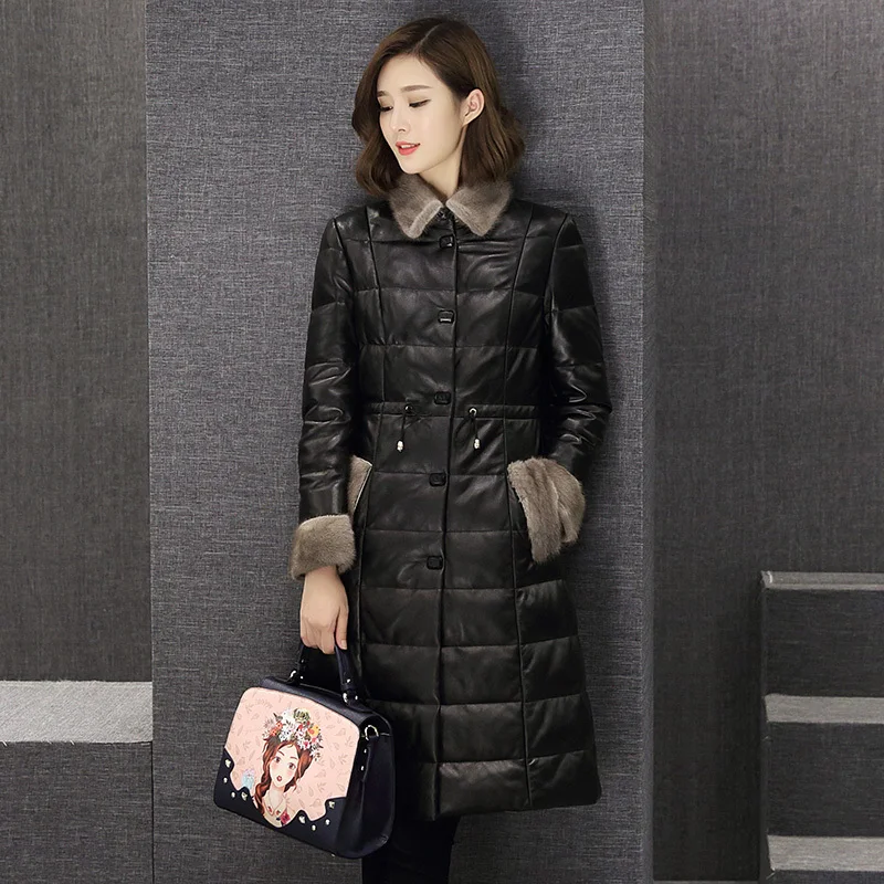 Женская куртка из натуральной кожи осенне-зимнее пальто овчины длинная пуховая