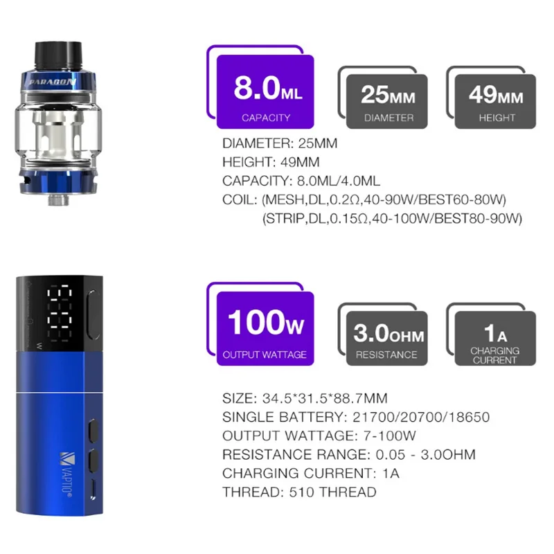 Электронная сигарета Vaptio VEX100 kit vaper 100 Вт 8 0 мл бак капсулы 21700/18650 Ом сетчатые катушки подходит для батареи