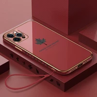 luxury cute maple leaf square plating silicone phone case for iphone 13 12 11 pro xs max se xr 8 7 plus ultra thin lanyard cover