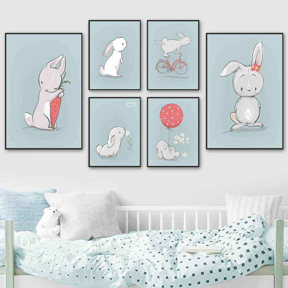 

Bunny Daisy Flower Balloon Carrot Bike Cartoon Wall Art Canvas Painting Nordic Posters And Prints Wall Pictures Kids Room Decor