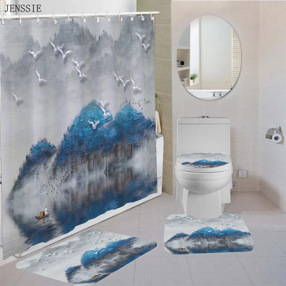 

Landscape Painting Bath Curtain Big Flowers Mountain River Bath Mat Shower Curtain With Hooks Non-Slip Pedestal Rug Toilet Cover
