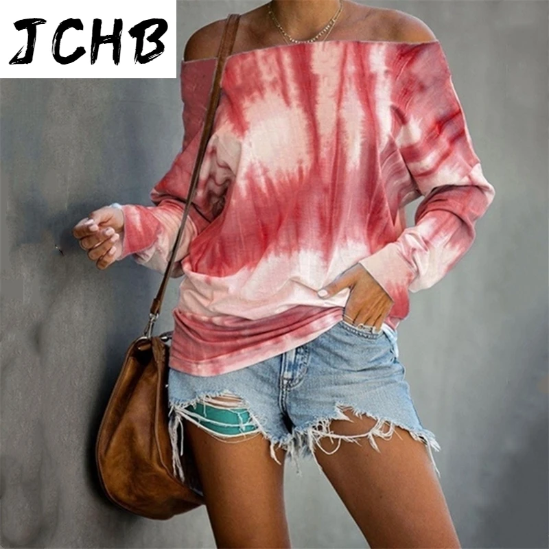 

Long Autumn Sleeve Off Shoulder T-shirts Women Fashion Tie Dye Printed Ladies Tee Tops Women Sexy Slash Neck Casual Basic Tshirt