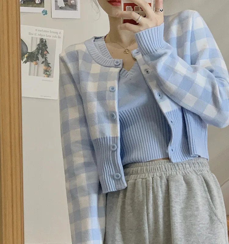 

Autumn Fashion Women‘S Cardigans Vintage Sweet Plaid Sets Single Breasted Short Knitted Sweater Cardigan Sleeveless V Neck Sets